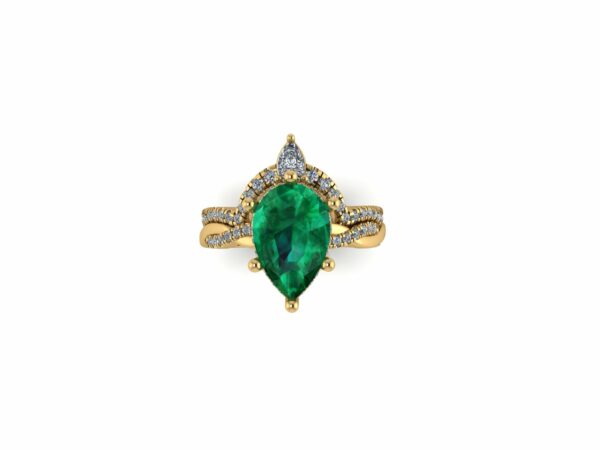 Custom 18k yellow gold bridal set with Chatham Pear Shaped Emerald Center