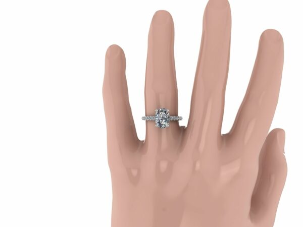 Custom 14k-gold oval diamond engagement ring with diamond studded shank