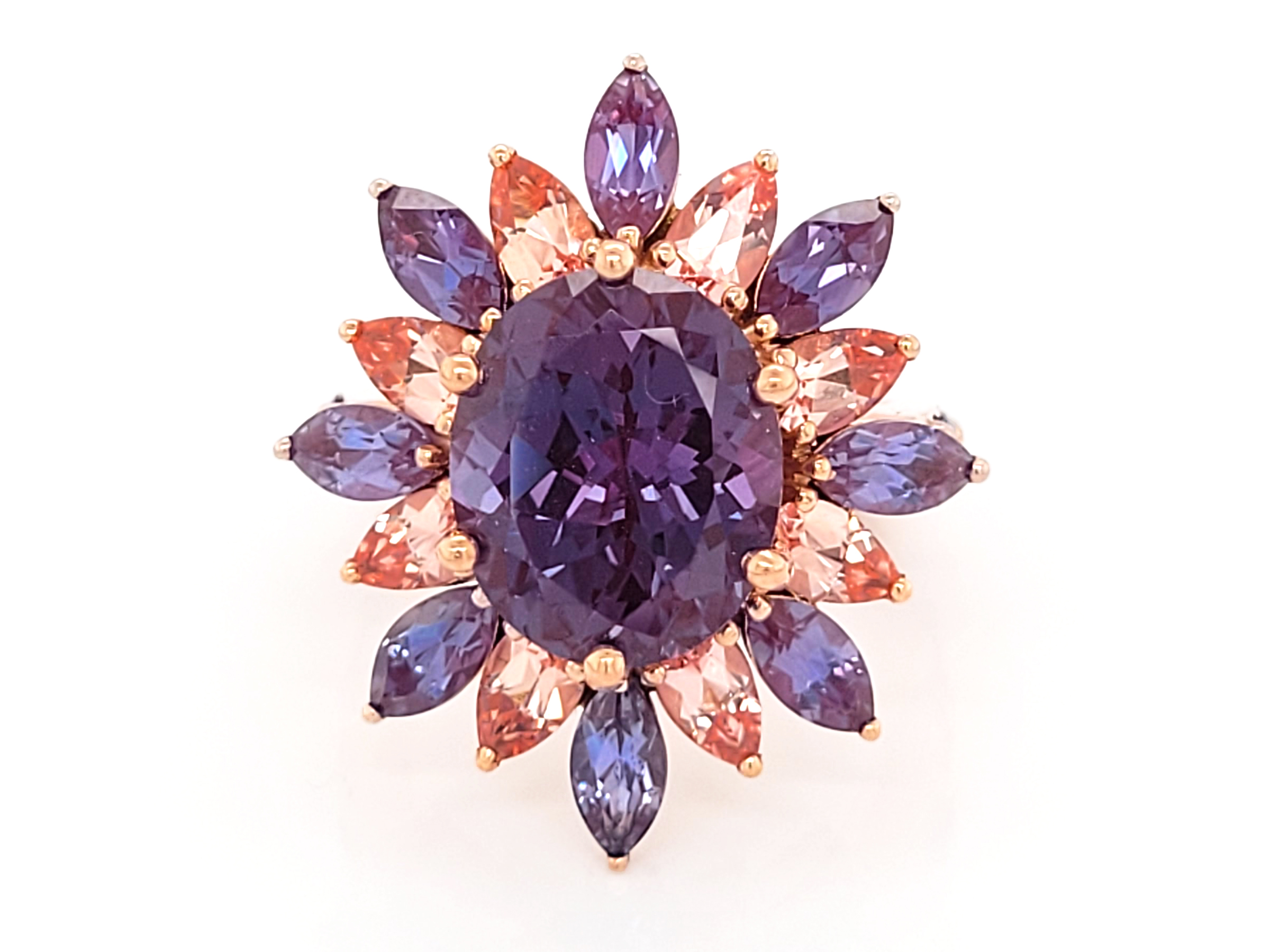 Sun-inspired Chatham marquise alexandrite and pear Chatham champagne sapphire ring.