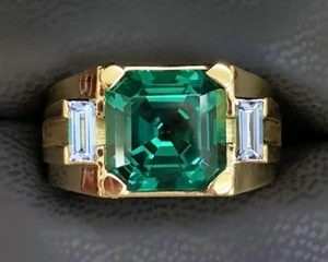 Chatham asscher cut emerald and baguette aqua spinel ring