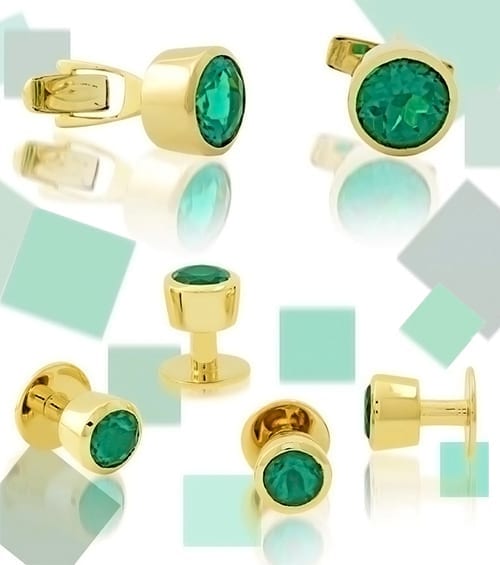 18k Gold Chatham Emerald Button Studs and Cuff Links