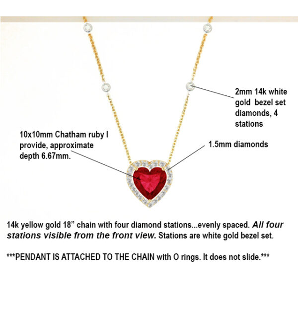 Chatham Ruby Heart Necklace with Diamond Halo Details