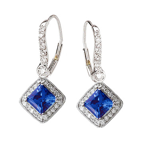 Princess cut blue sapphire earrings