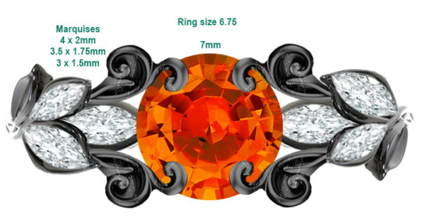Custom black Shakudo ring with spessartite and diamonds