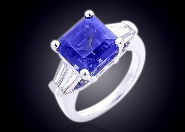 Finished Asscher Cut Blue Sapphire And Tapered Baguette Diamonds Ring