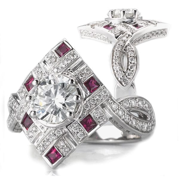 Finished art deco diamond and ruby engagement ring