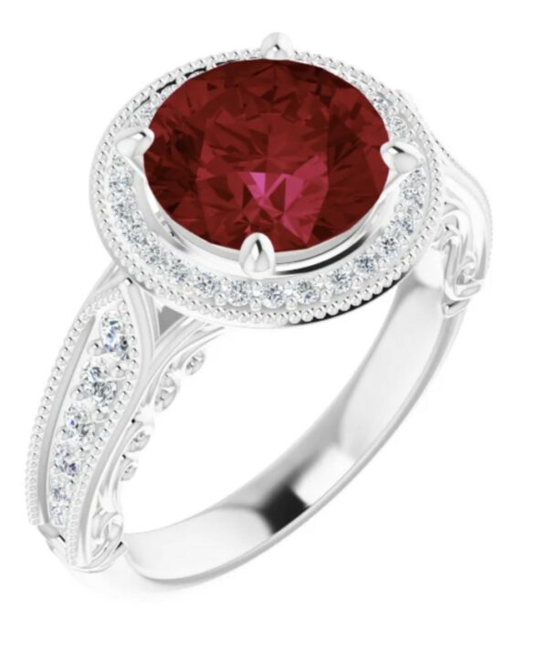 Gorgeous custom platinum diamond halo ring with Chatham ruby