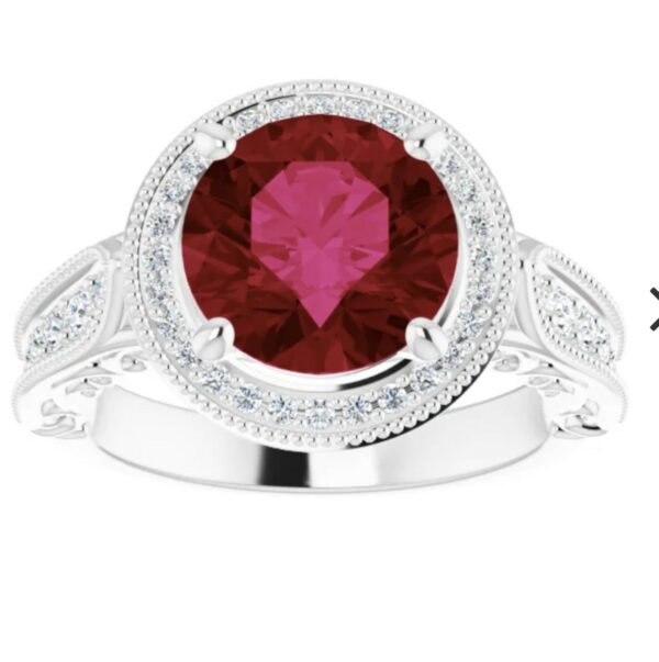 Gorgeous custom platinum diamond halo ring with Chatham ruby